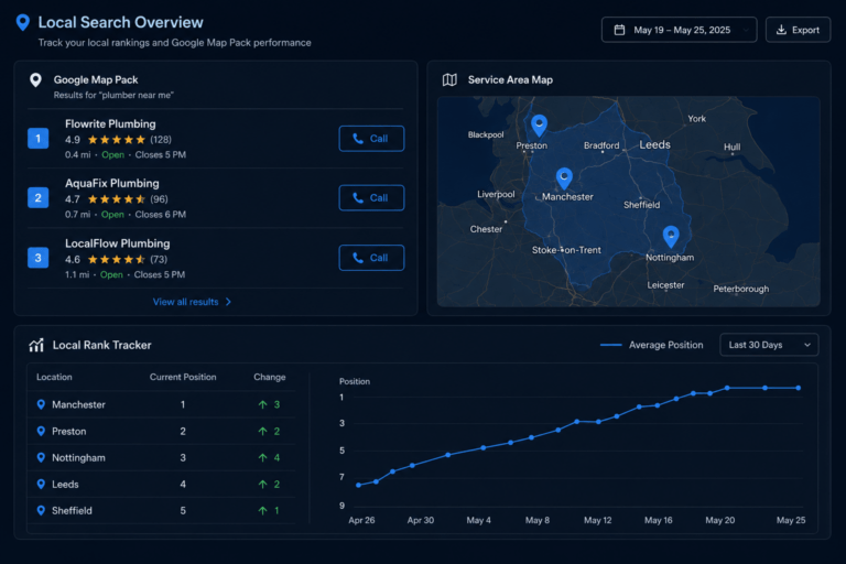 Getting found on Google tradesman UK: a trade business dashboard showing local search rankings and Google Map Pack position
