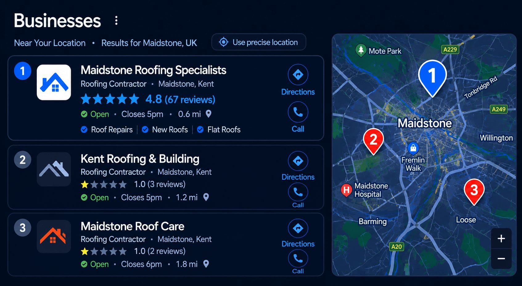 Competitor top of Google Maps UK: a local search Map Pack panel showing a high-review business ranked first versus a lower-review listing ranked below it