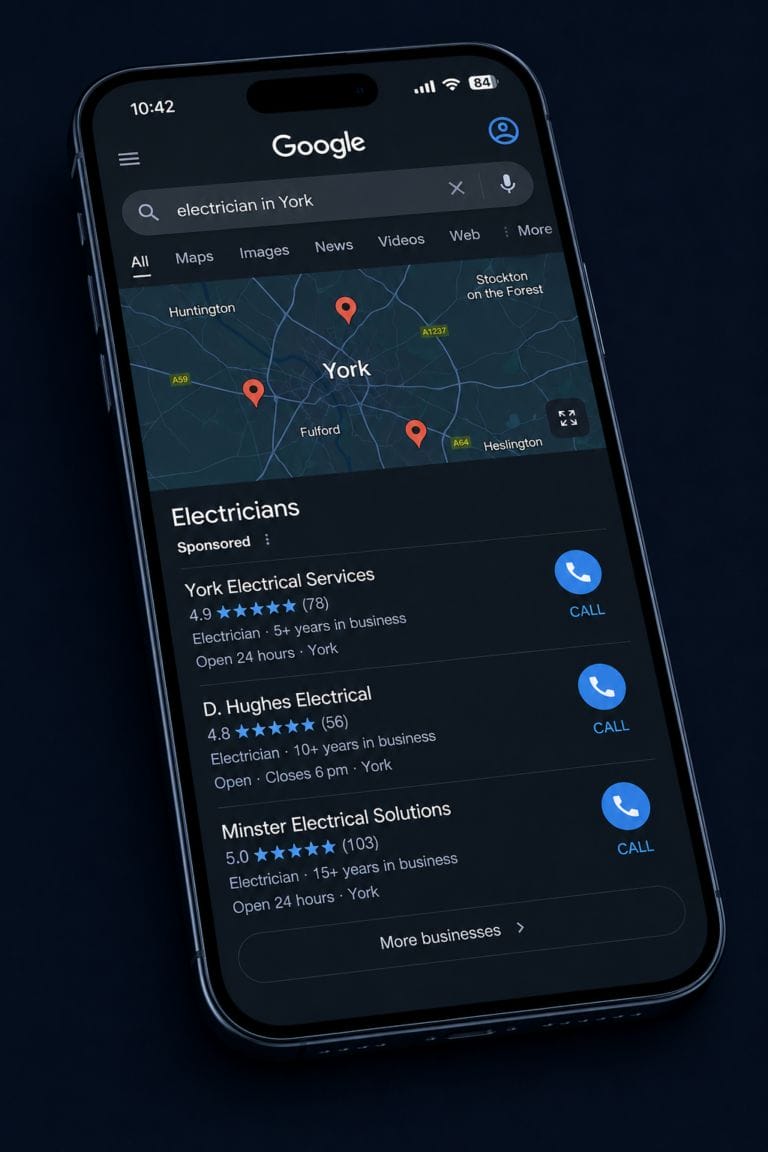How customers find tradespeople in the UK: a smartphone showing a Google Maps search result with three local trade businesses listed